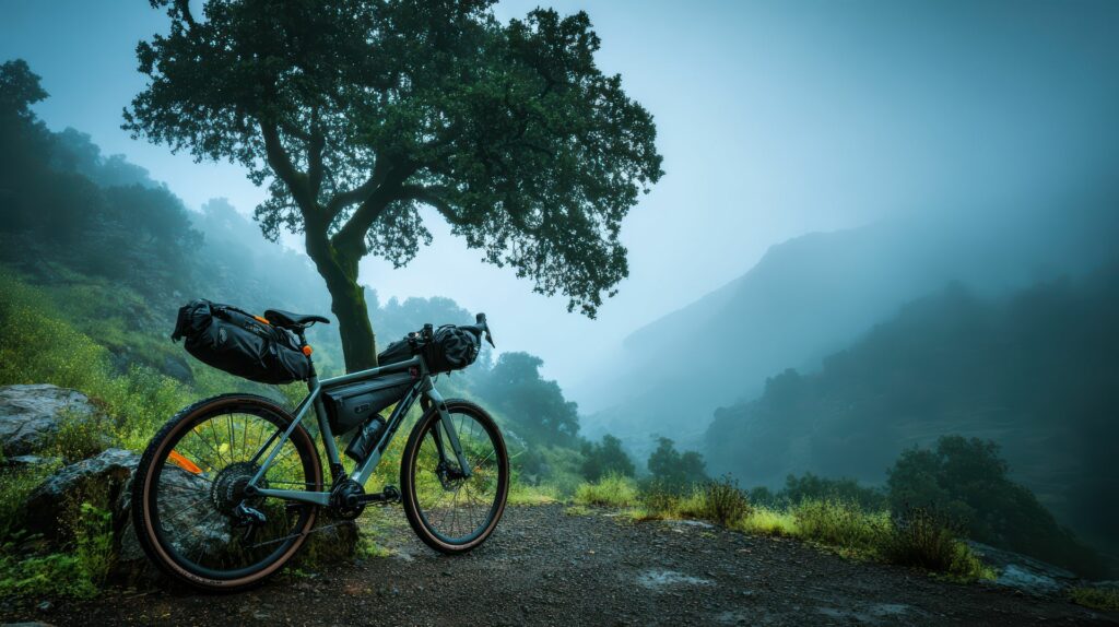 photo d'un velo pose contre un arbre le velo est equipe de sacoche de transport pour voyager a velo