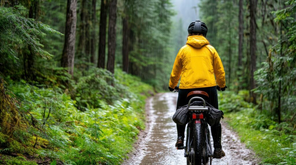 voyager sur son velo sous la pluie et dans des sentiers boueux dans les bois de la foret