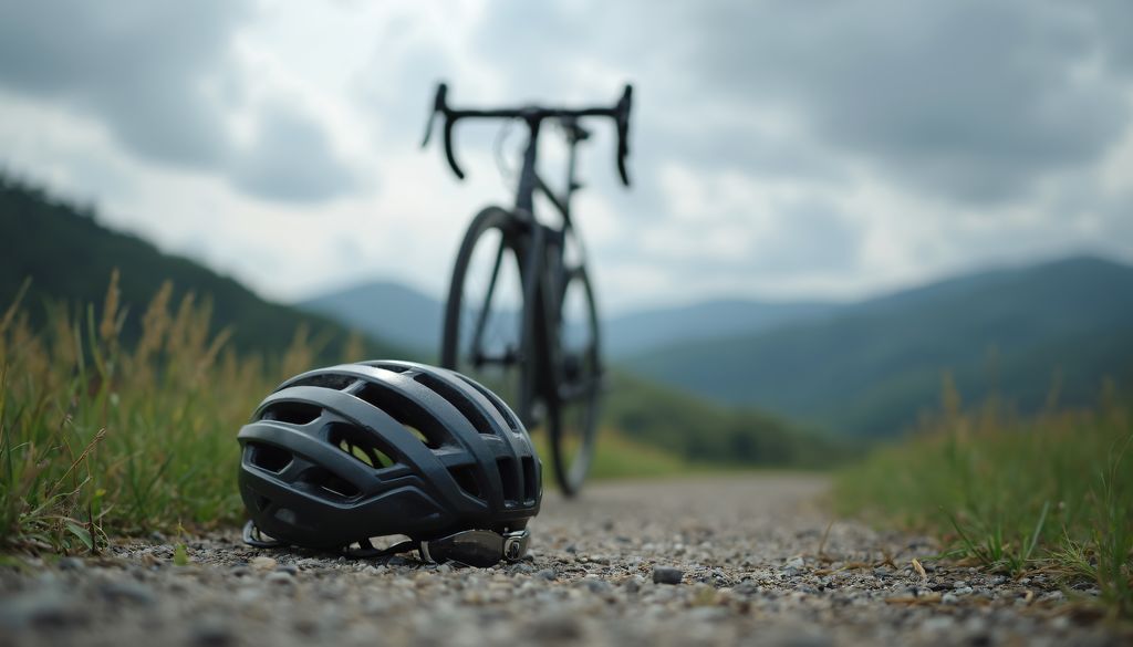 casque de velo pose sur la route devant le velo du bikepacker
