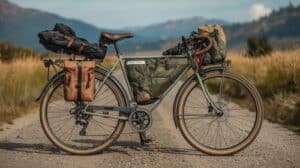 un ancien velo équipé de sacoche de bikepacking travel by bike