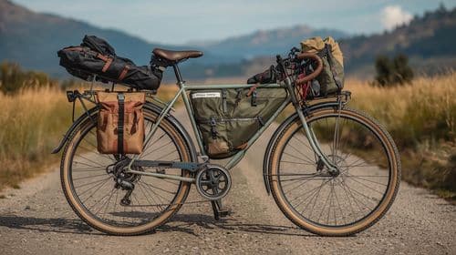 un ancien velo équipé de sacoche de bikepacking travel by bike