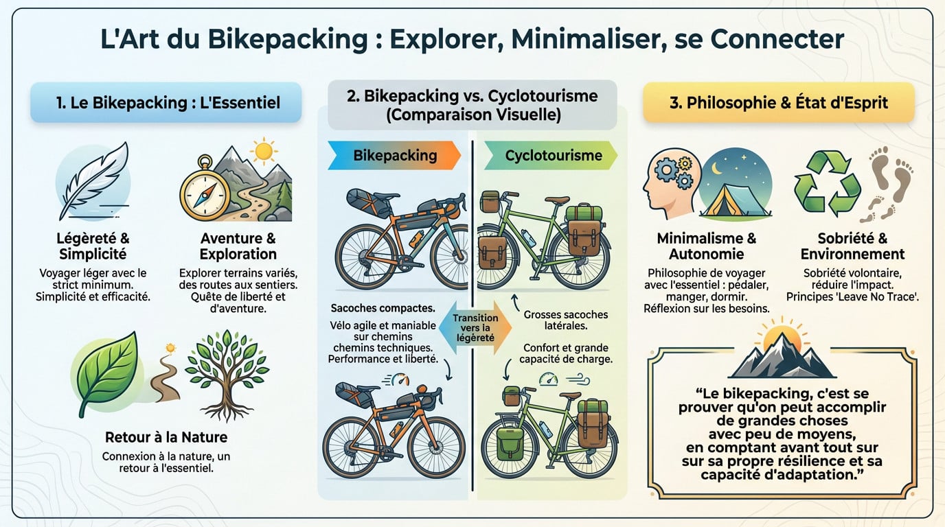 Cycliste en bikepacking traversant un paysage sauvage avec un équipement minimaliste et des sacoches intégrées au cadre