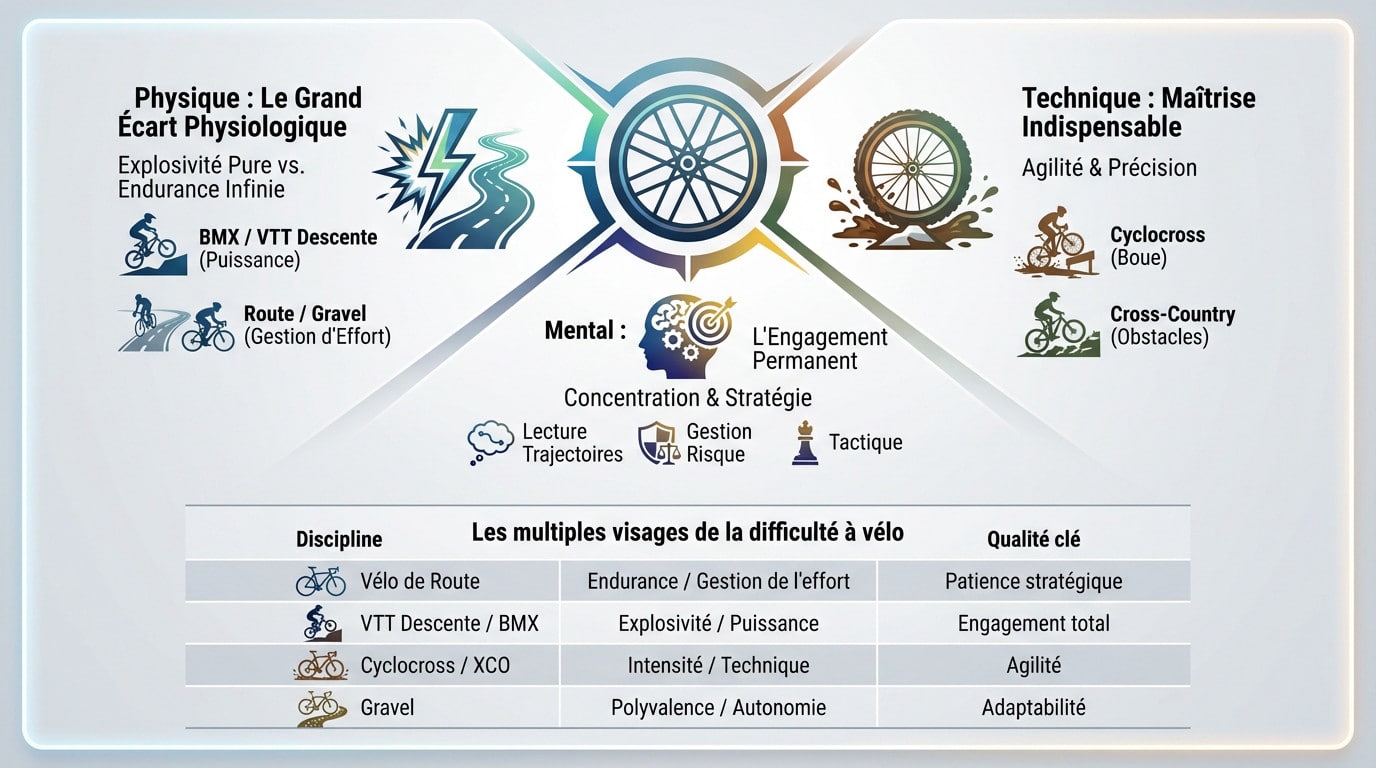 Cycliste polyvalent affrontant un terrain difficile illustrant la dureté du sport