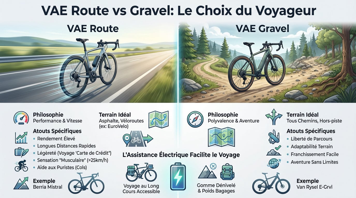Comparaison entre un vélo de route électrique et un gravel électrique sur une route de campagne