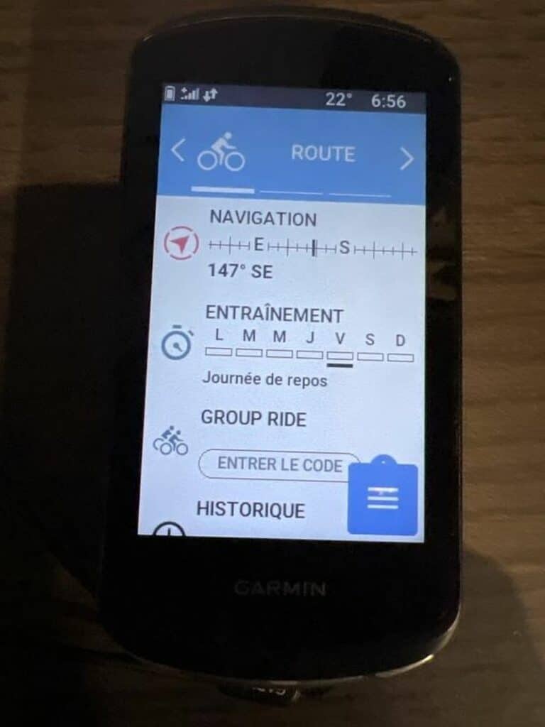 menu d'accueil gps garmin edge 1040