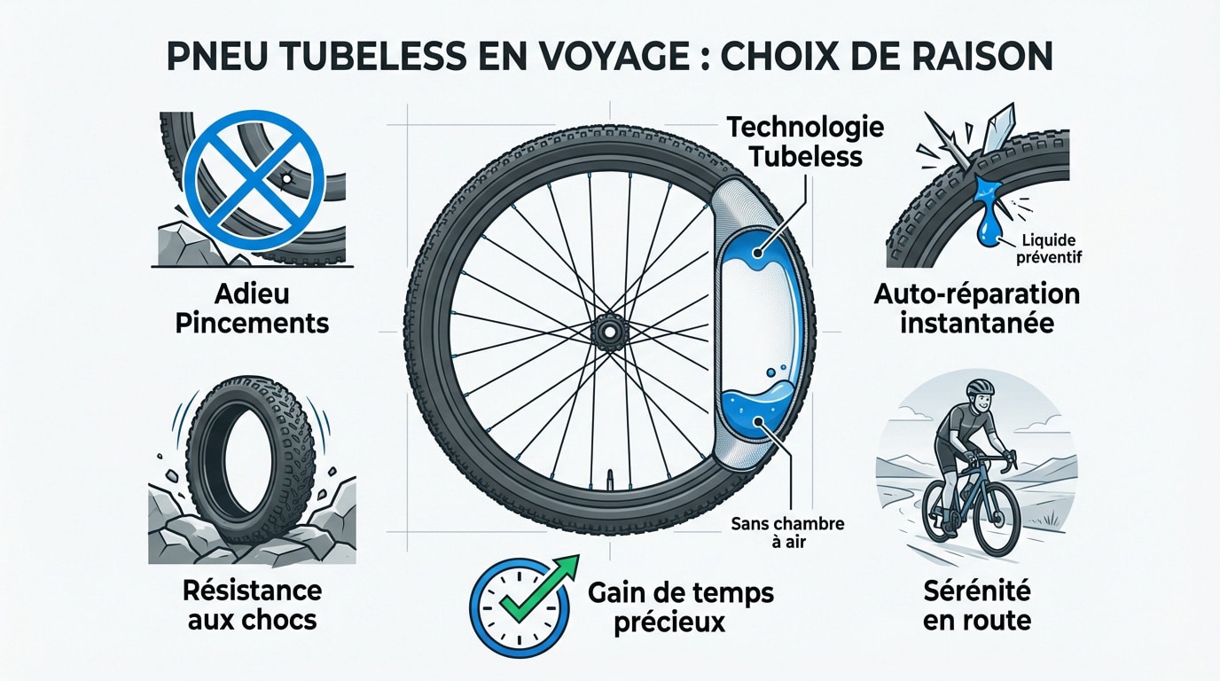 Infographie sur les avantages des pneus tubeless pour le voyage : adieu pincements, auto-réparation, résistance, gain de temps.
