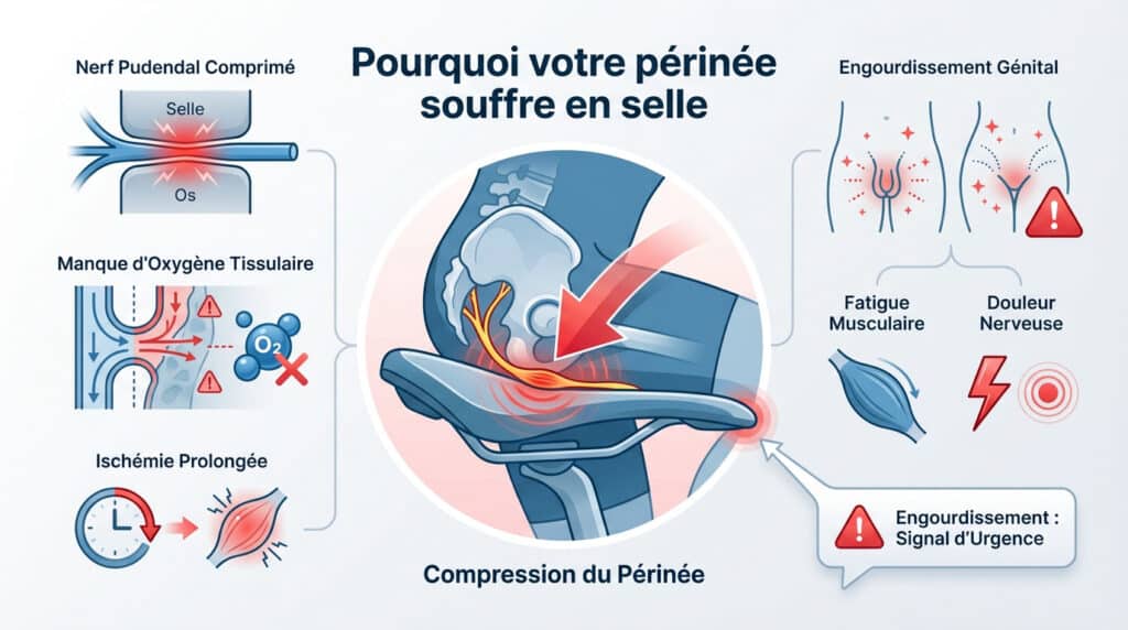 Infographie sur les causes de la douleur périnéale à vélo : compression nerveuse, manque d'oxygène, ischémie et engourdissement génital.