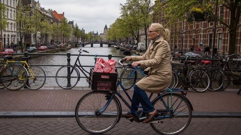 une personne a velo en hollande sur un pont
