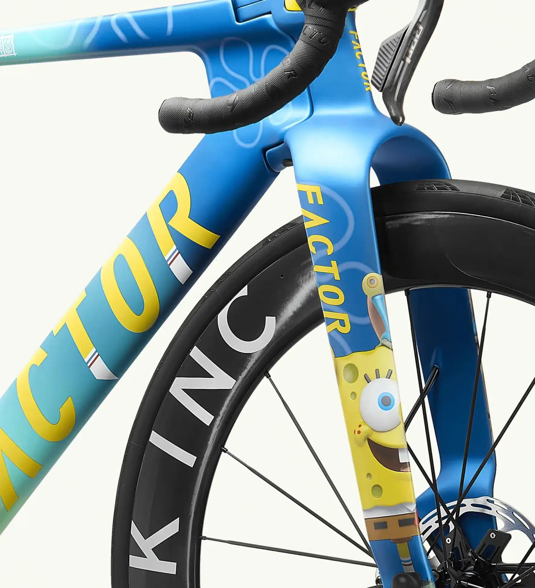 détail de l'avant du vélo de route factor edition bob l'eponge