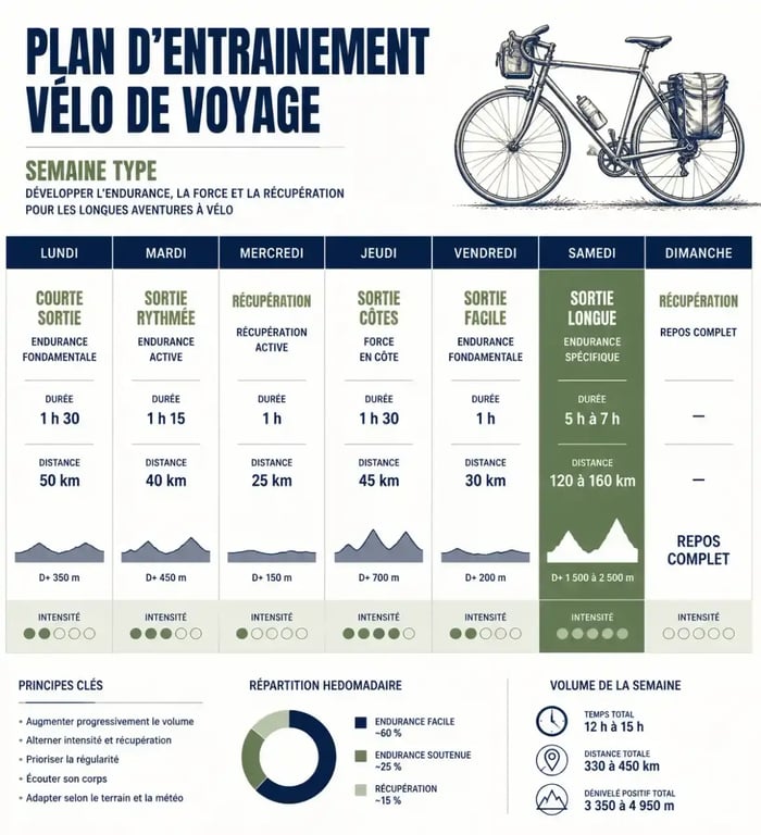 Infographie d'un plan d'entraînement hebdomadaire pour optimiser sa préparation physique pour les longs voyages à vélo