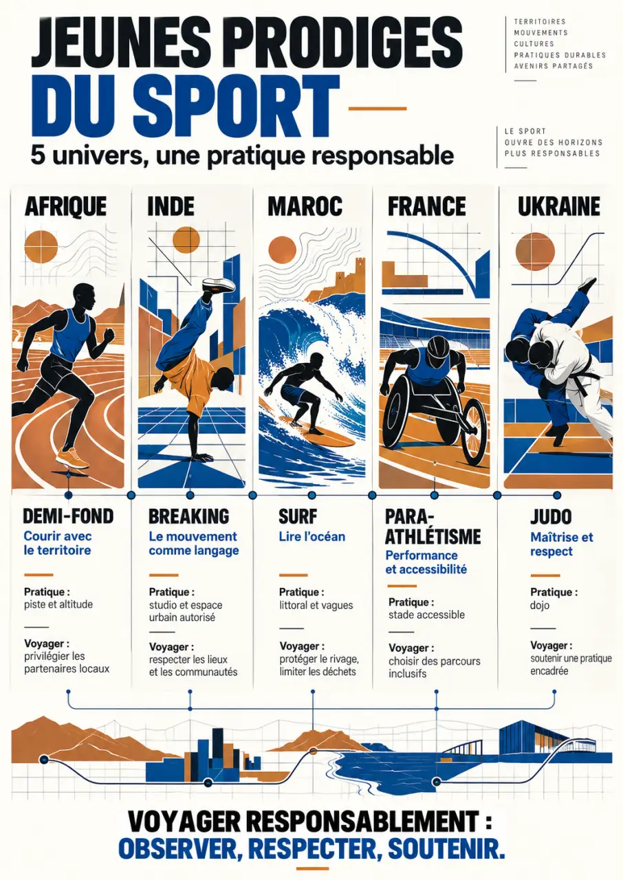 Infographie sur les jeunes prodiges du sport qui inspirent nos voyages, leurs disciplines et leurs pays